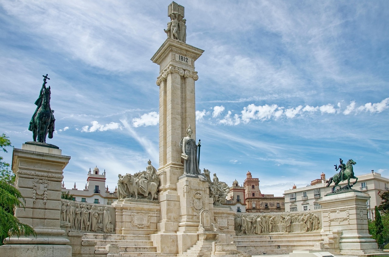 spain, andalusia, province of cadiz, cadiz, nature, city, historic center, historic centre, jardines de la plaza de espana, monument to the constitution of 1812, monument to the 1812 constitution, monument, historical, park, clouds, heaven, blue, to travel, tourism, sightseeing, Cádiz, Spain, Andalusia
