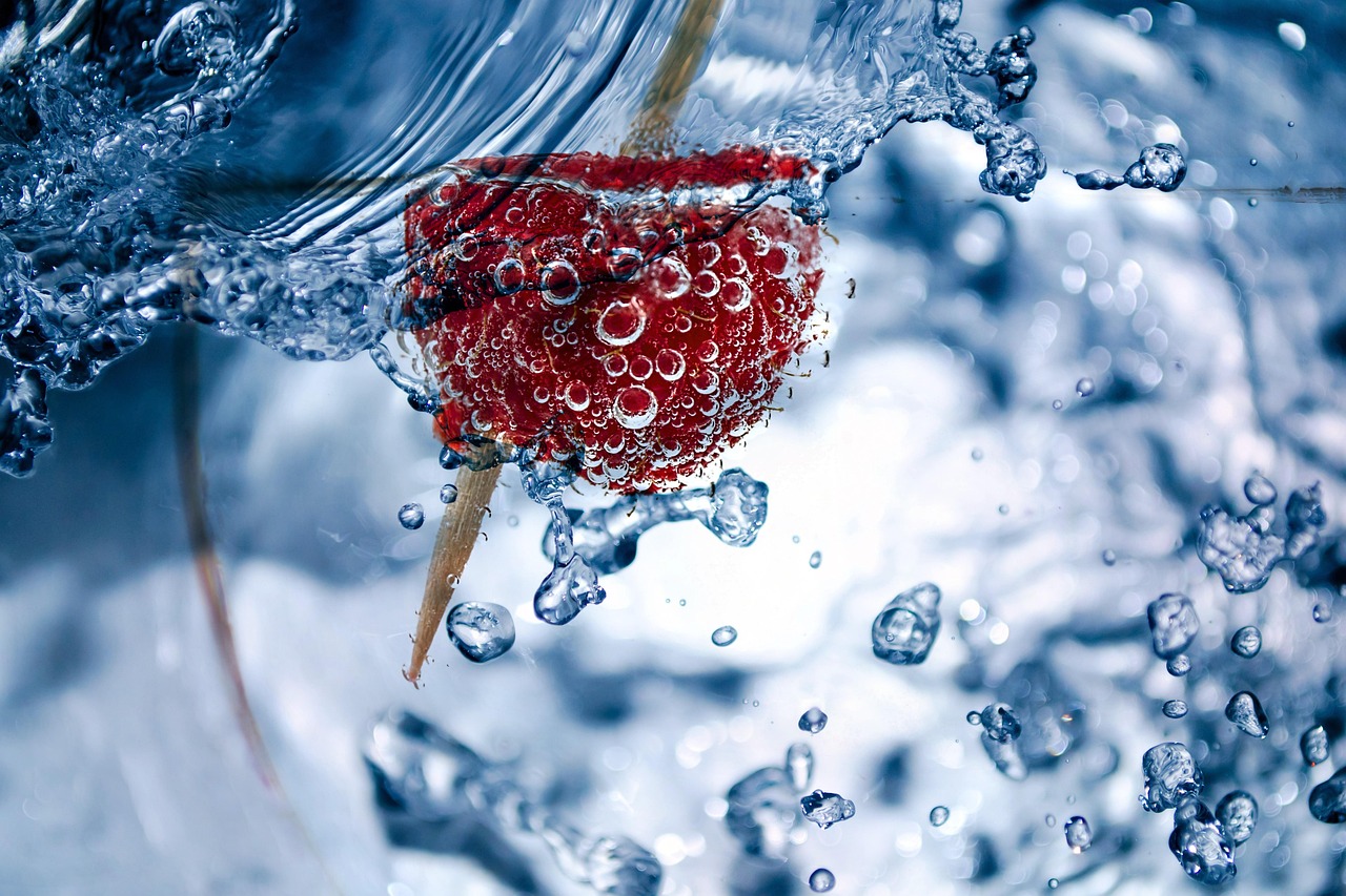 raspberry, nature, toothpick, glass, water, air bubbles, liquid, water bubbles, submerged, underwater, aqua, clean water
